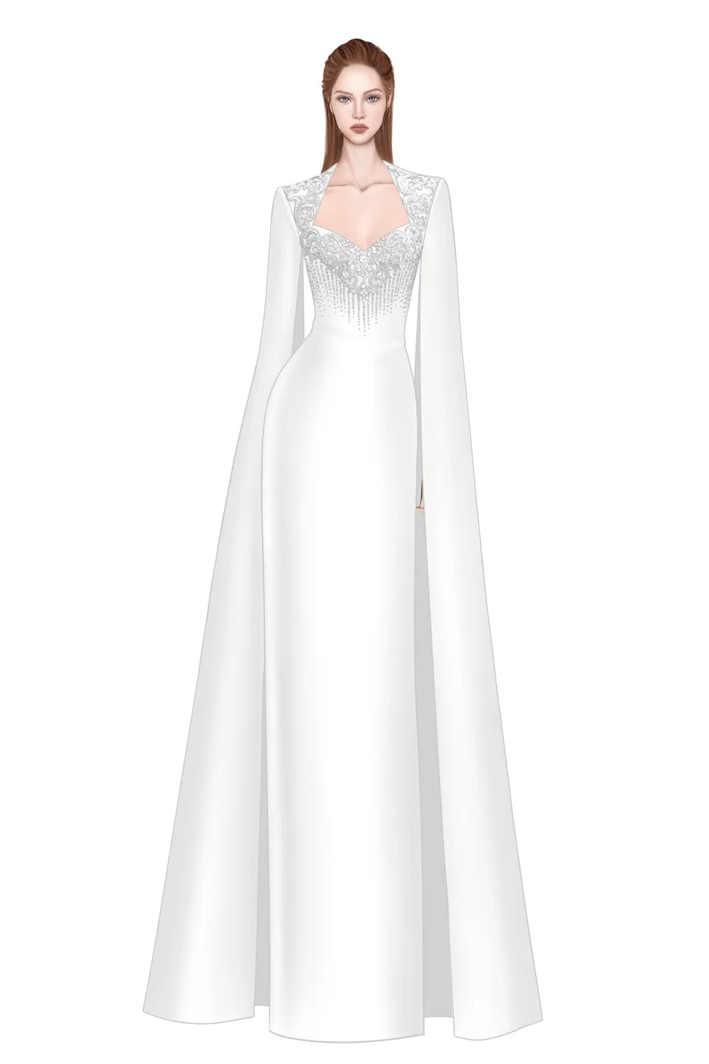 Long Flowy Sleeves Cape Crystal-Embellished Dress