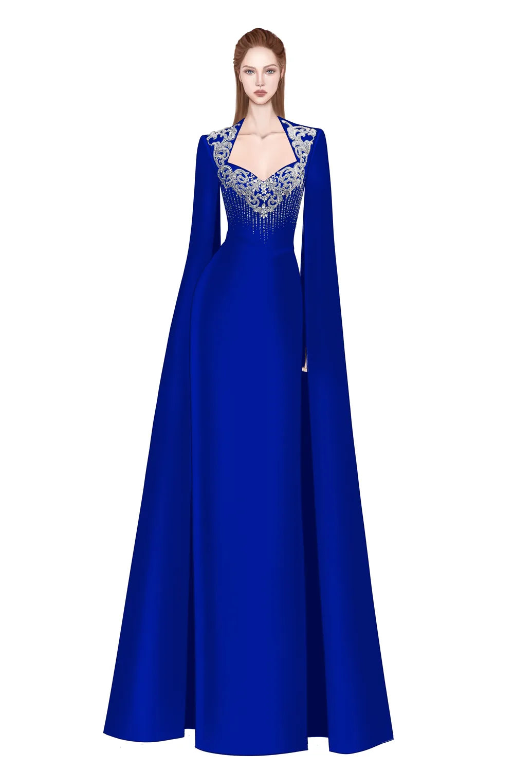 Long Flowy Sleeves Cape Crystal-Embellished Dress