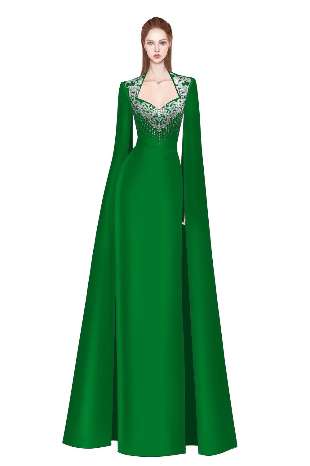 Long Flowy Sleeves Cape Crystal-Embellished Dress