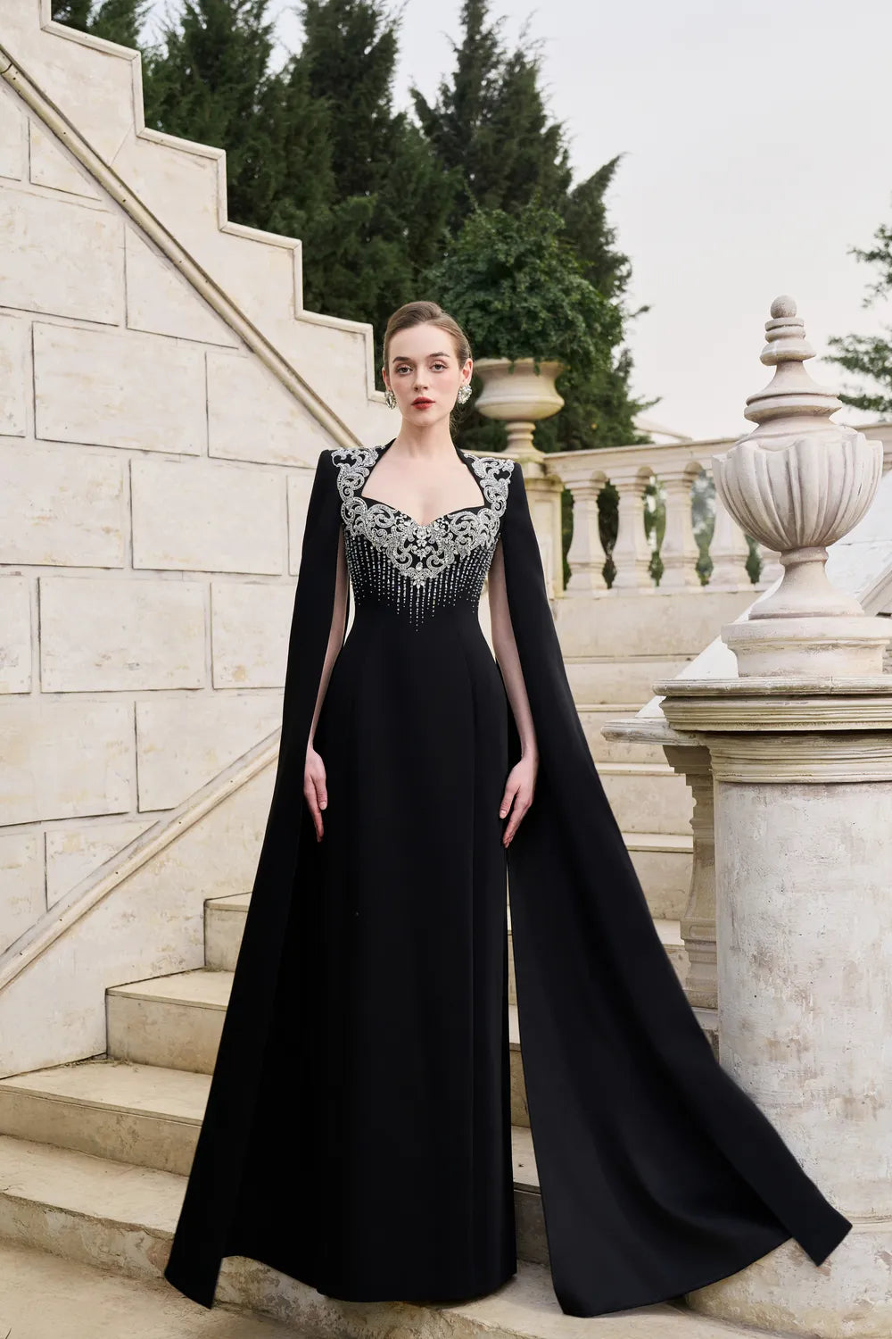 Long Flowy Sleeves Cape Crystal-Embellished Dress