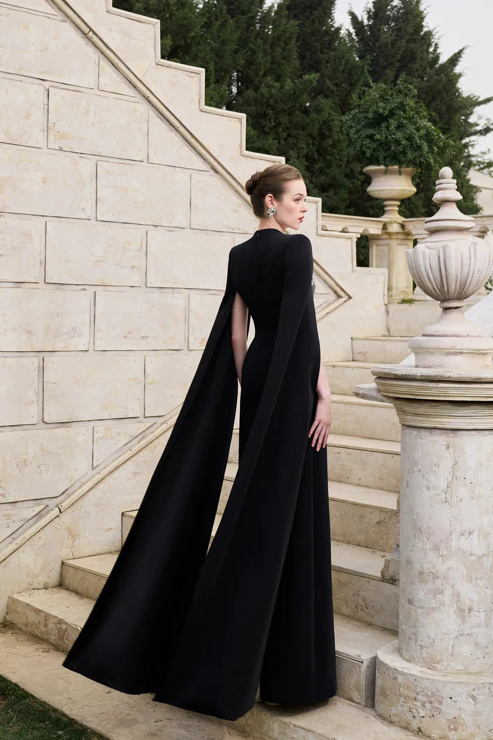 Long Flowy Sleeves Cape Crystal-Embellished Dress