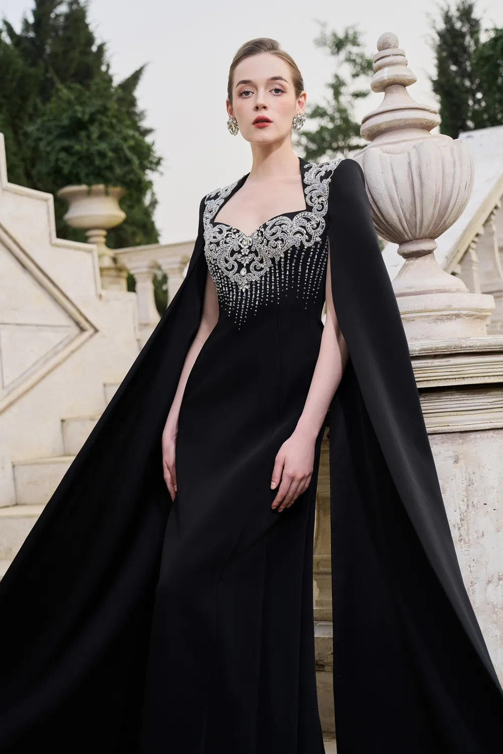 Long Flowy Sleeves Cape Crystal-Embellished Dress