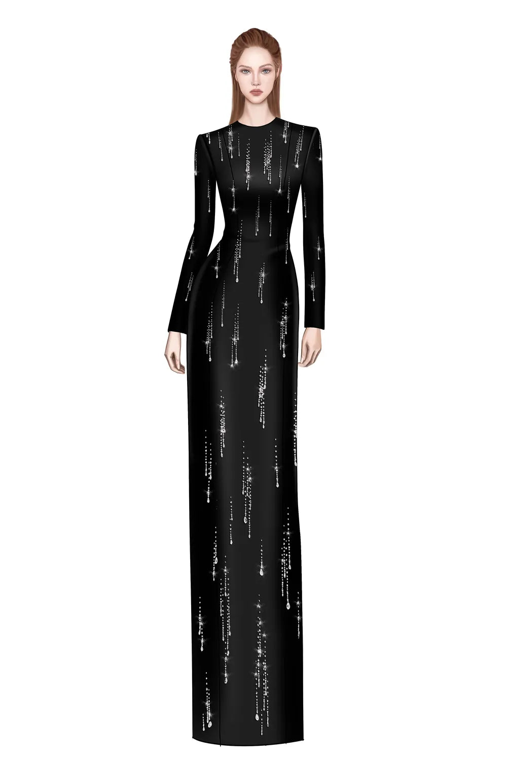 Long Sleeve Rainfall Crystal-Embellished Dress