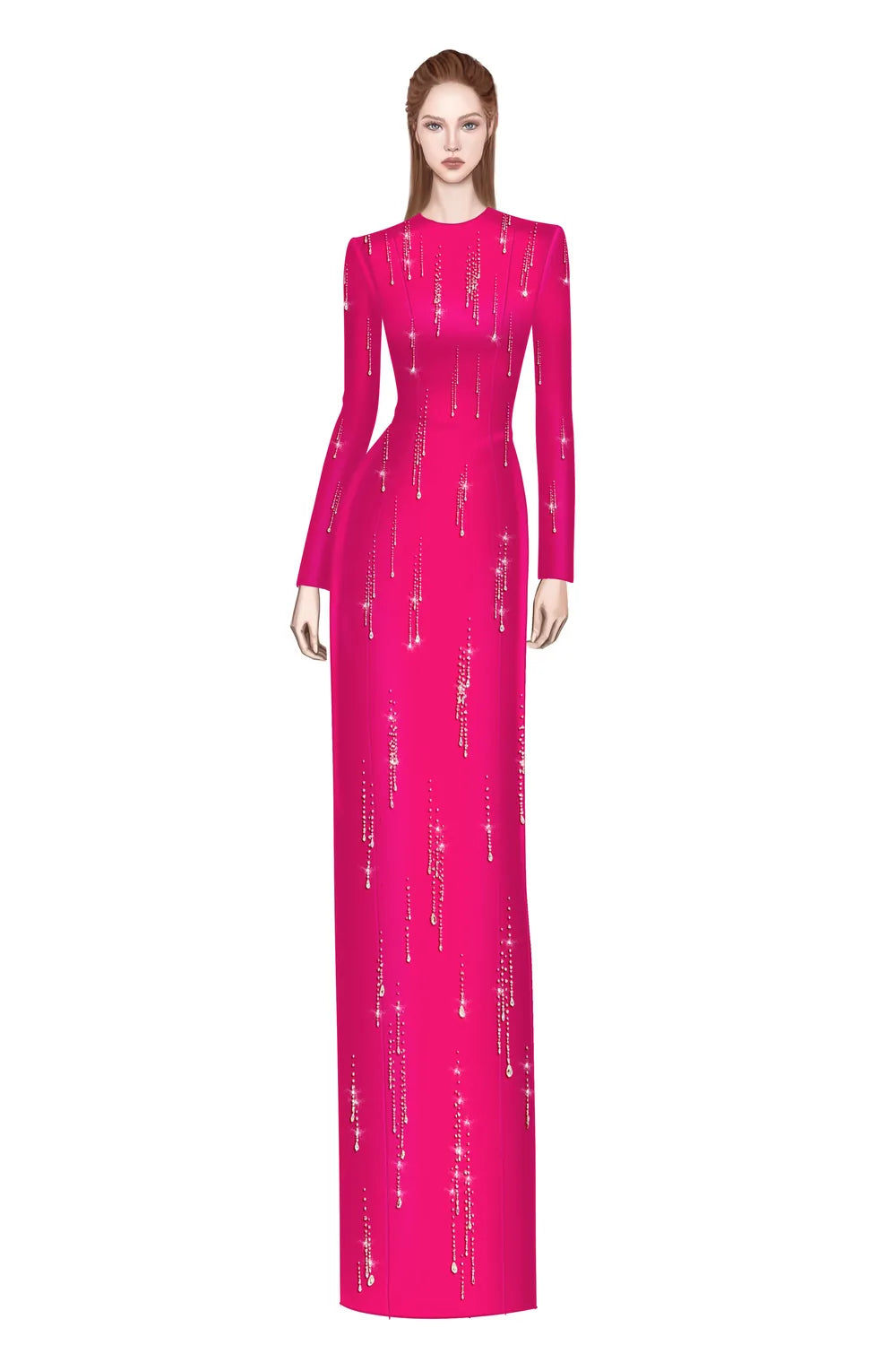 Long Sleeve Rainfall Crystal-Embellished Dress