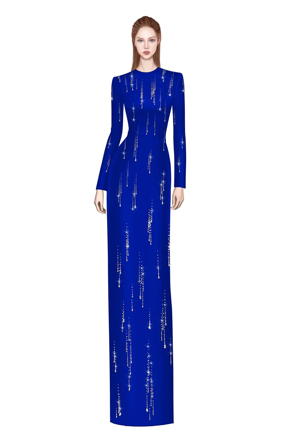 Long Sleeve Rainfall Crystal-Embellished Dress