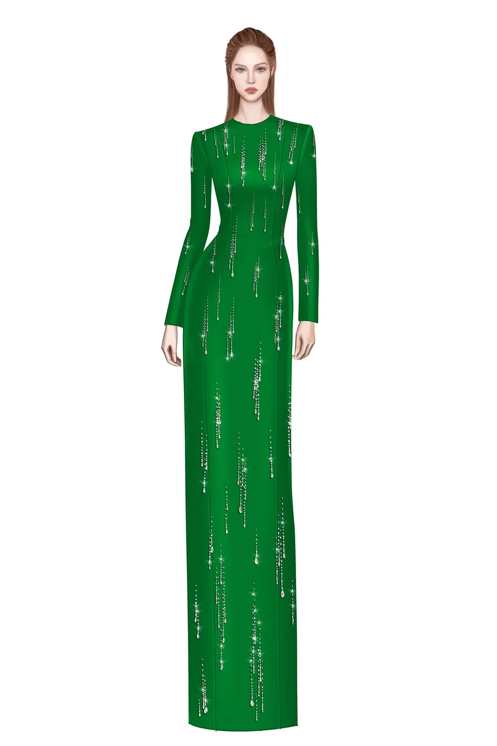 Long Sleeve Rainfall Crystal-Embellished Dress