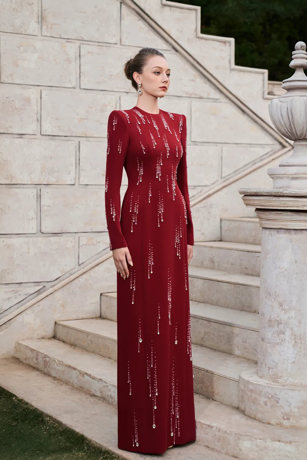 Long Sleeve Rainfall Crystal-Embellished Dress