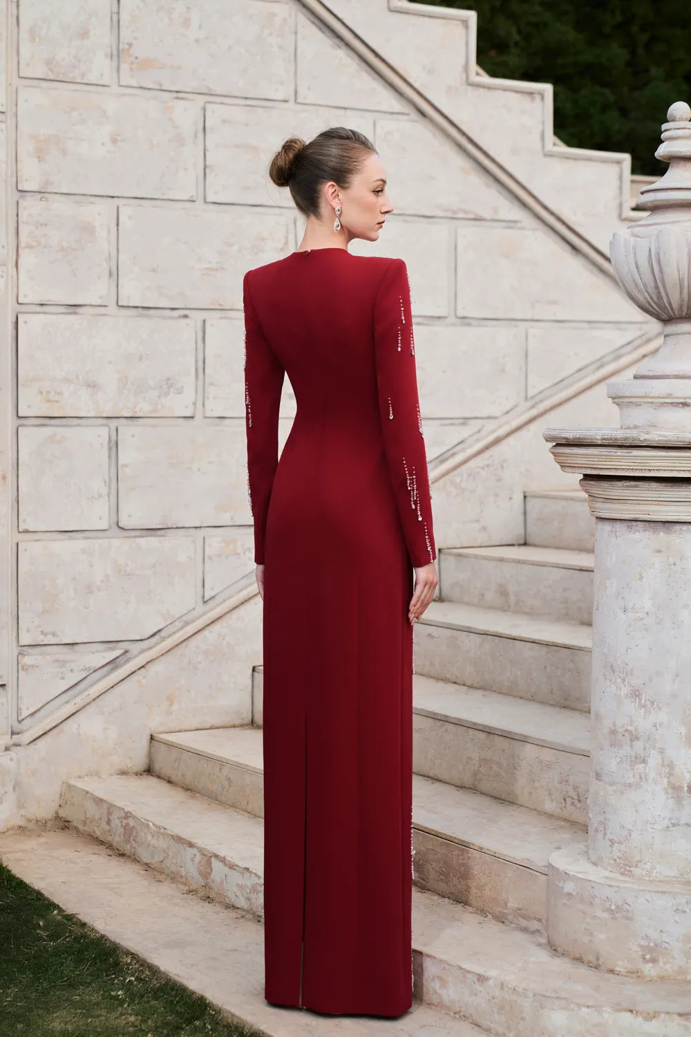 Long Sleeve Rainfall Crystal-Embellished Dress