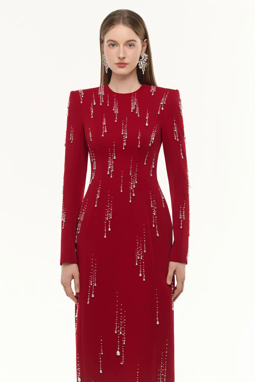Long Sleeve Rainfall Crystal-Embellished Dress