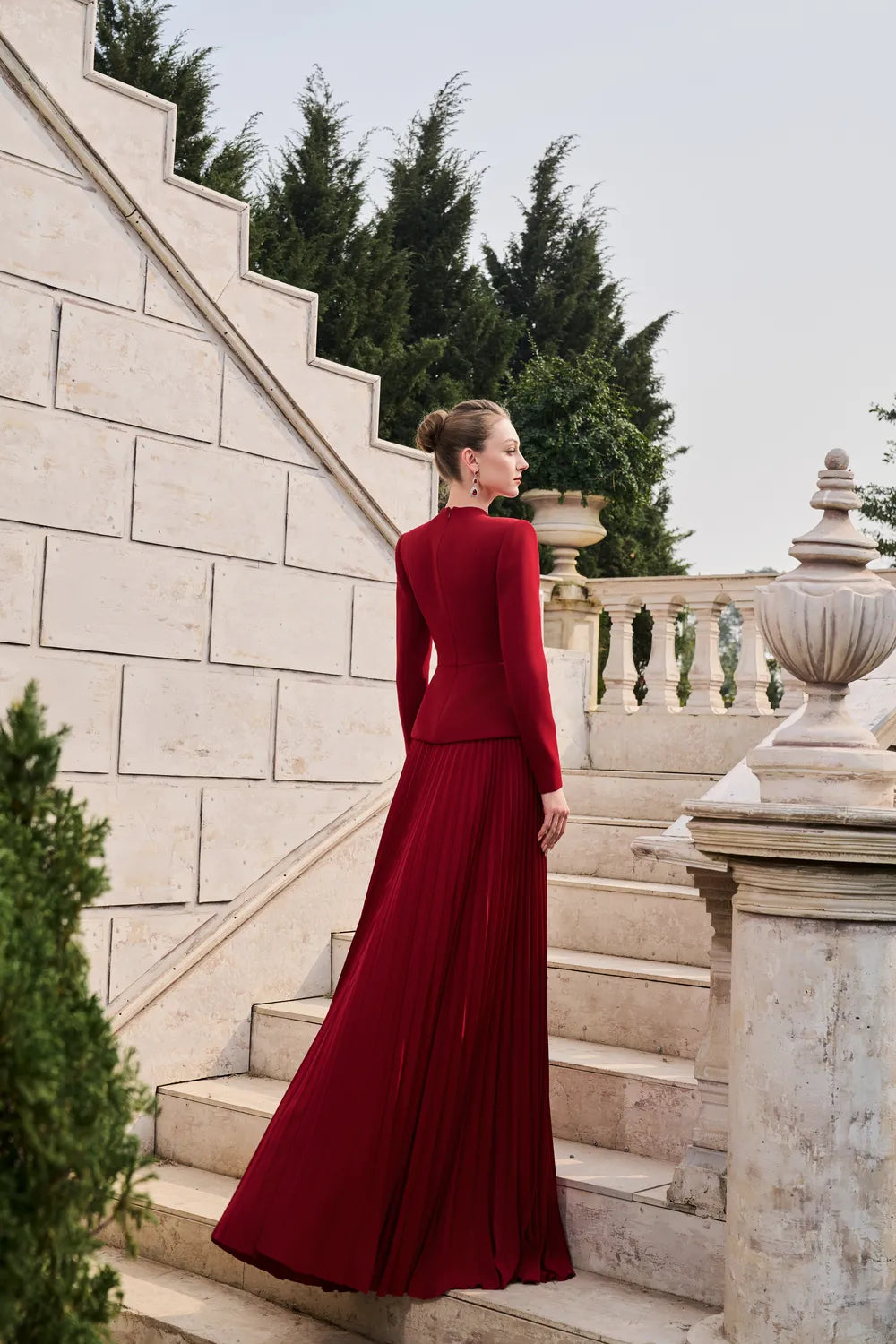 V-Neck Long Sleeves Flared Pleated Dress