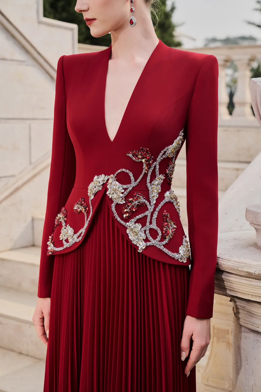 V-Neck Long Sleeves Flared Pleated Dress