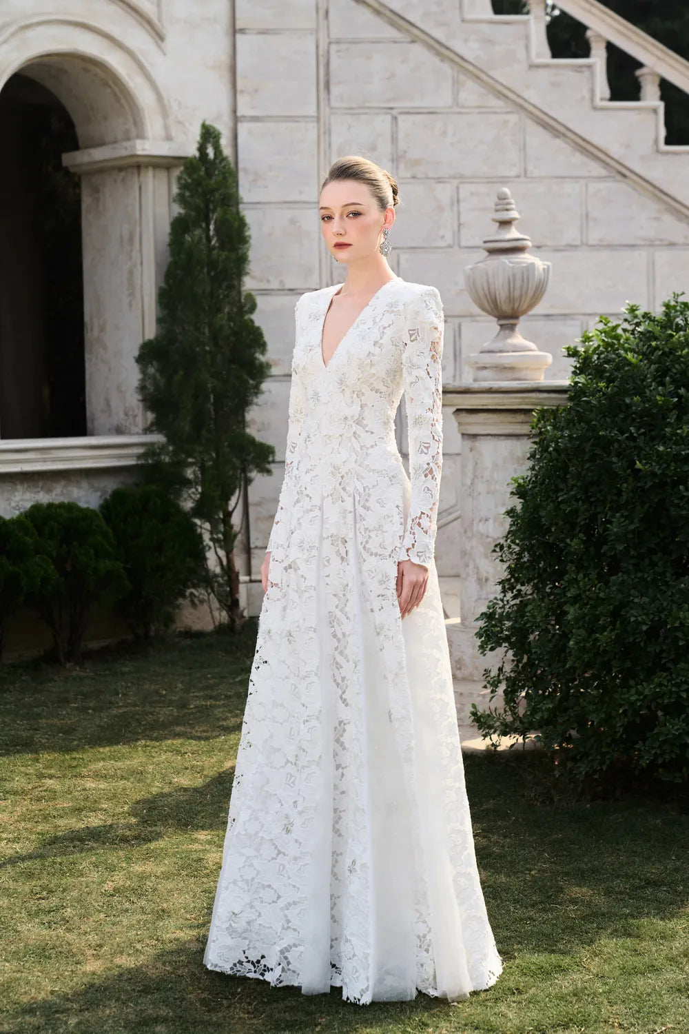 Floral Lace Long Sleeve Flared A-line Dress