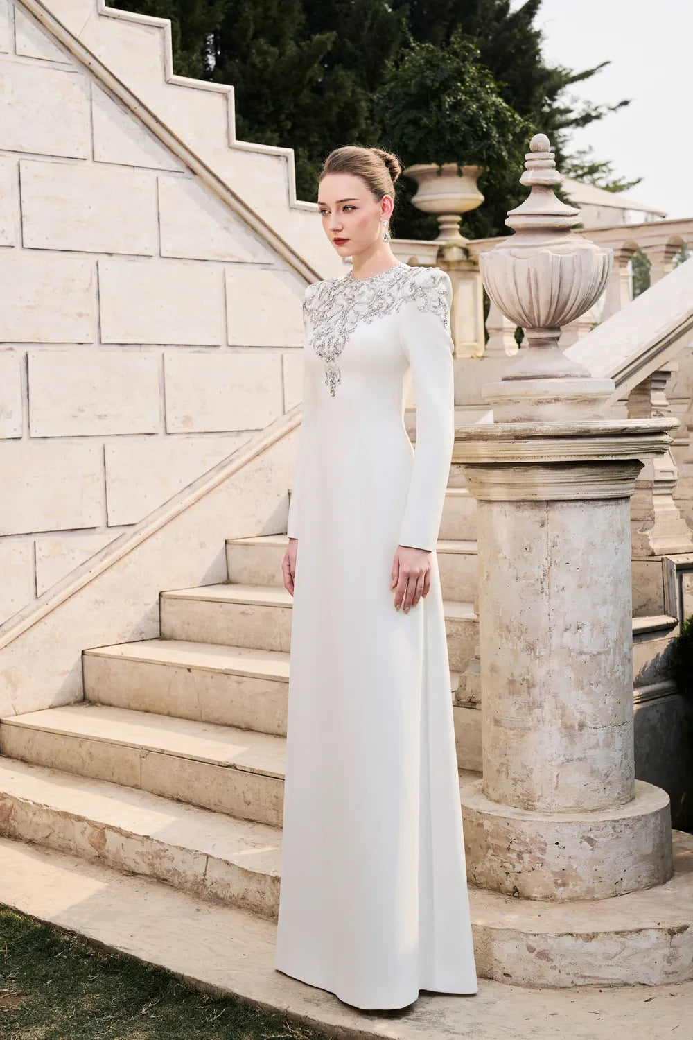 Crystal-Embellished Long Sleeve Dress