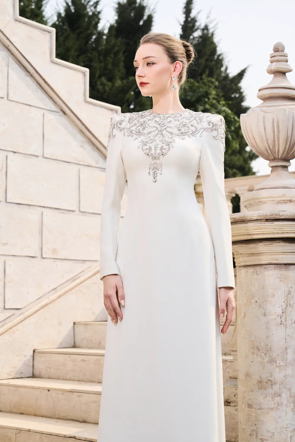 Crystal-Embellished Long Sleeve Dress