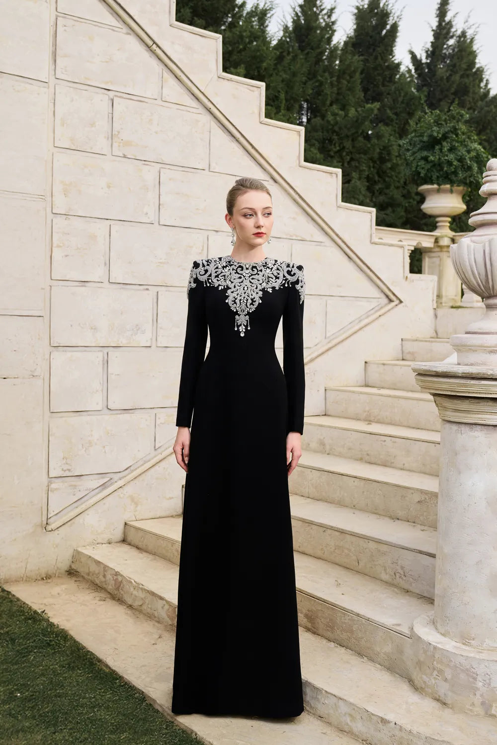 Crystal-Embellished Long Sleeve Dress