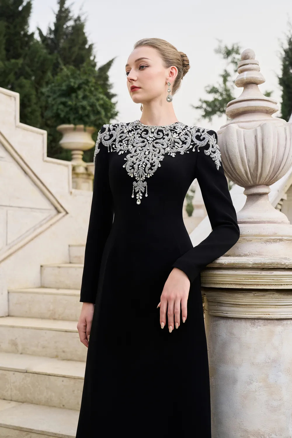 Crystal-Embellished Long Sleeve Dress
