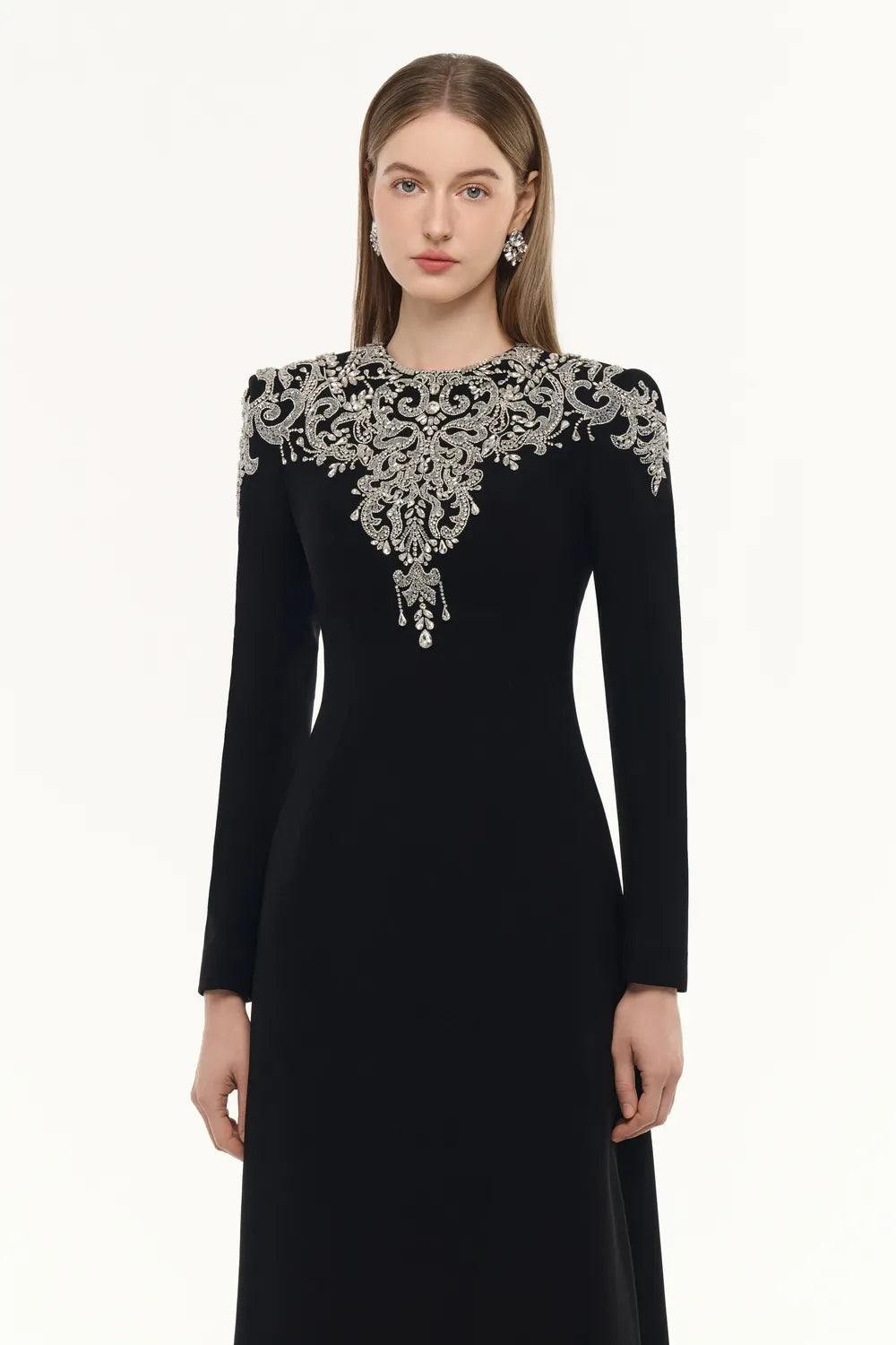 Crystal-Embellished Long Sleeve Dress