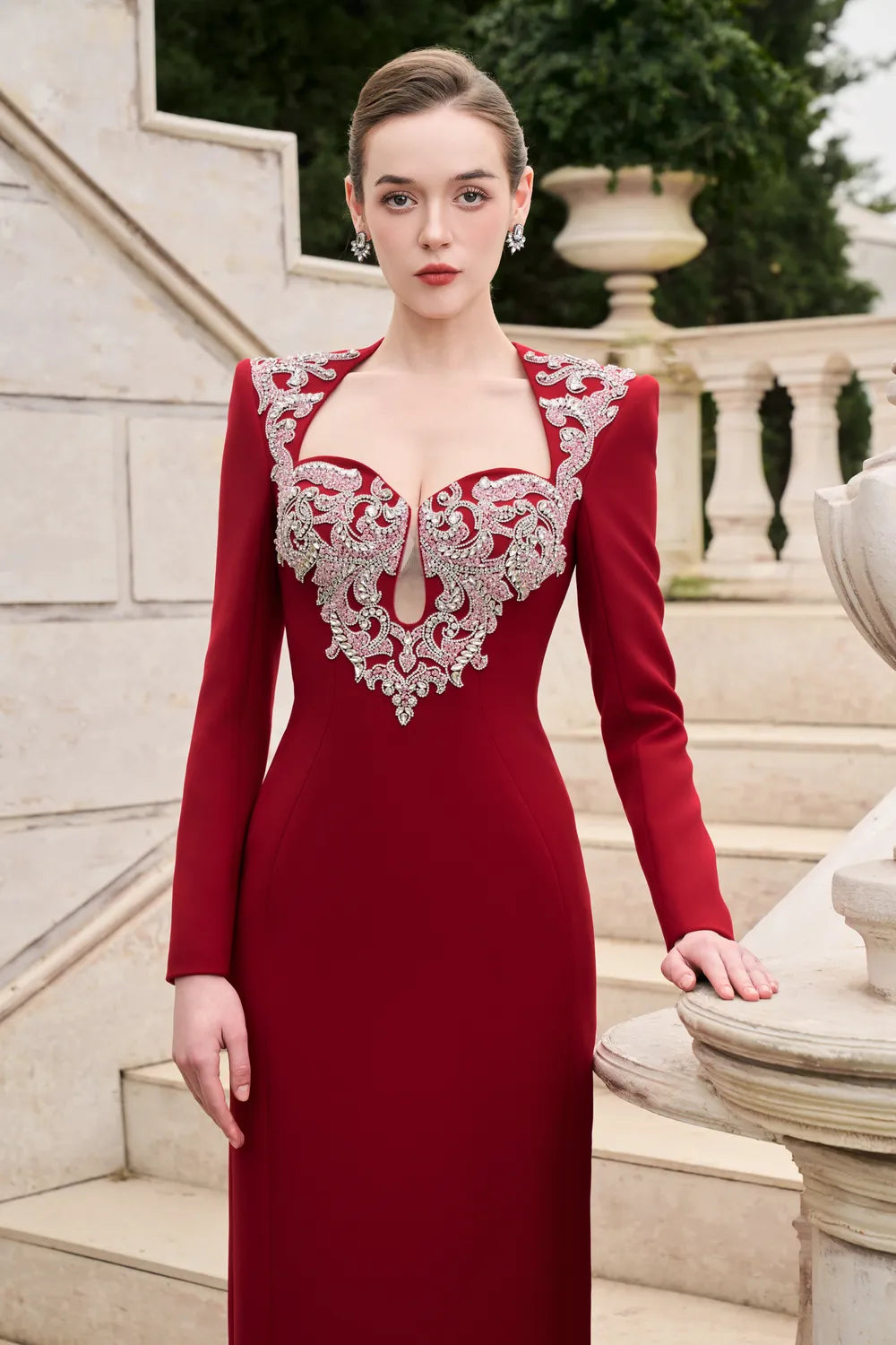 Trapezoid Neckline Tear-Drop Cut-Out Chest Dress