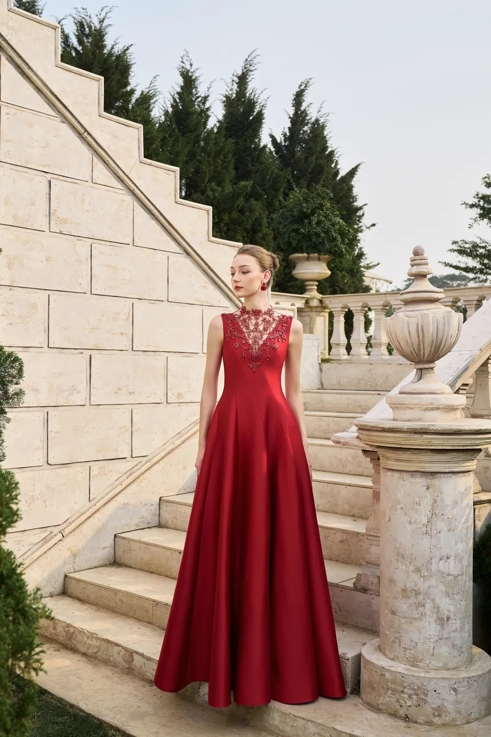 See-Through Neck Crystal-Embellished Draped Dress