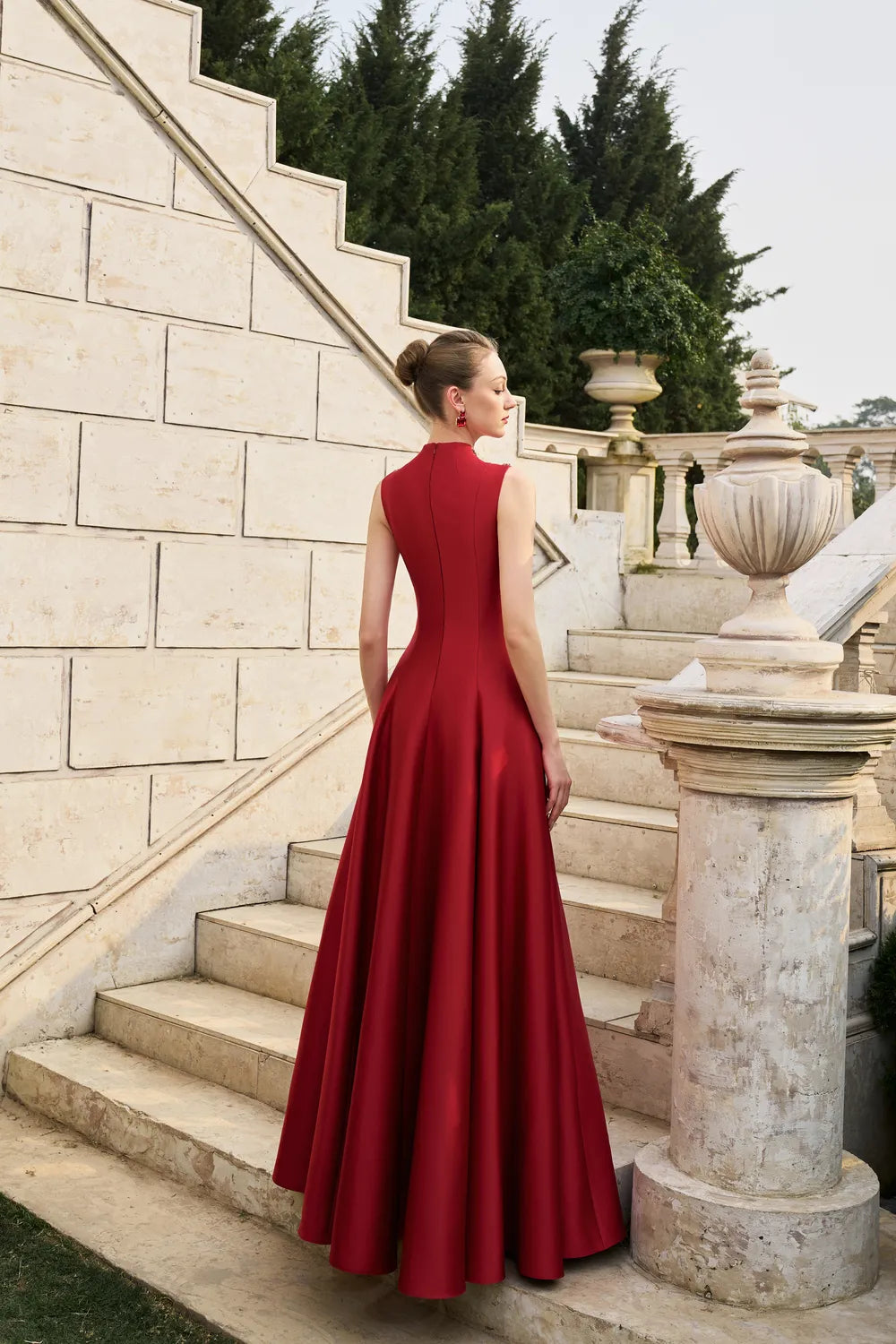 See-Through Neck Crystal-Embellished Draped Dress