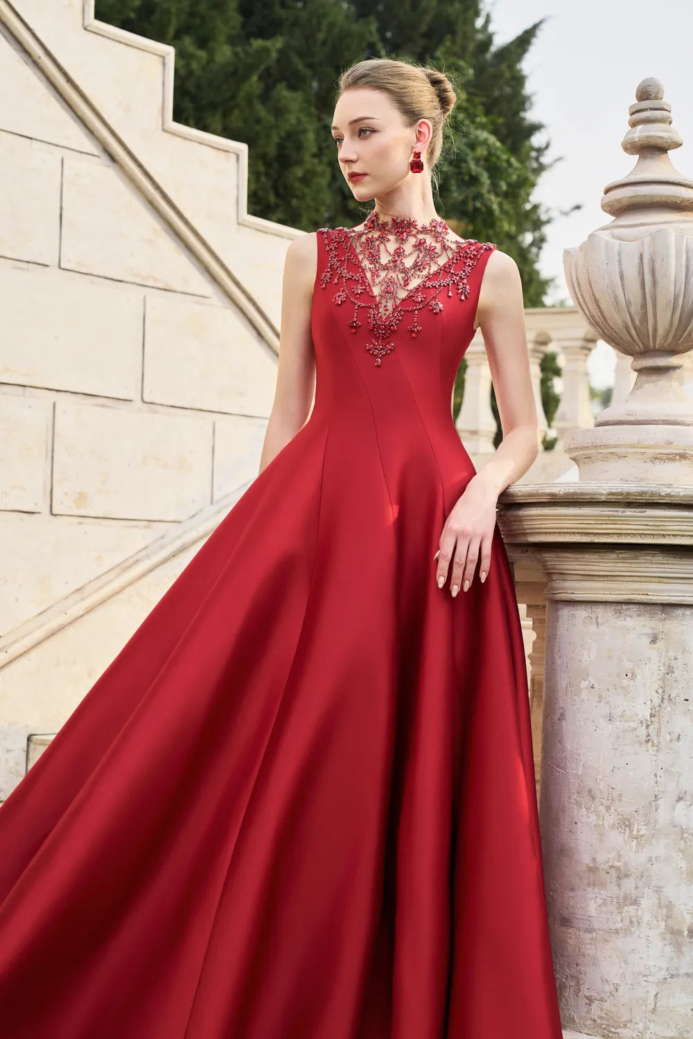 See-Through Neck Crystal-Embellished Draped Dress