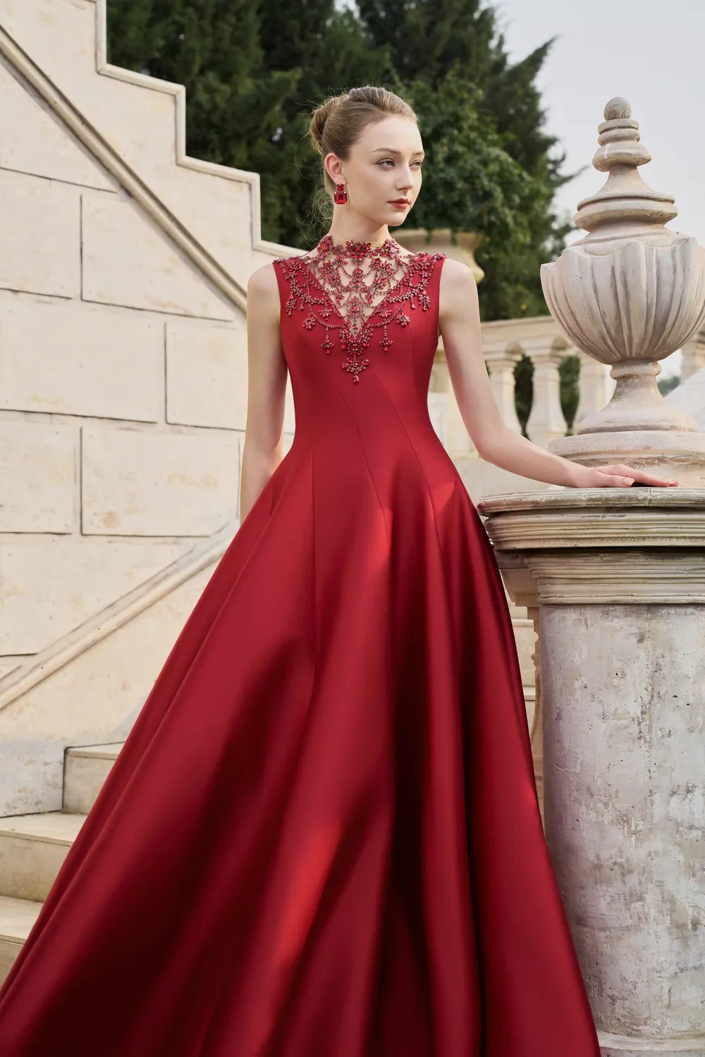 See-Through Neck Crystal-Embellished Draped Dress