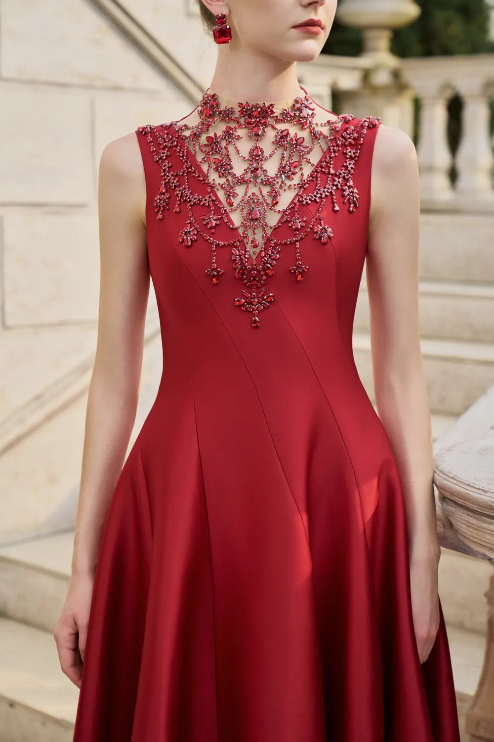 See-Through Neck Crystal-Embellished Draped Dress