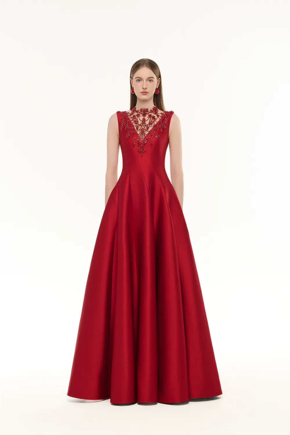 See-Through Neck Crystal-Embellished Draped Dress