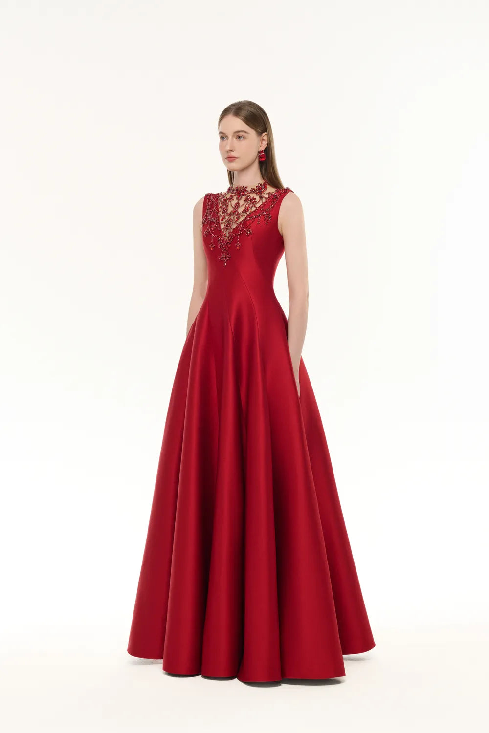 See-Through Neck Crystal-Embellished Draped Dress