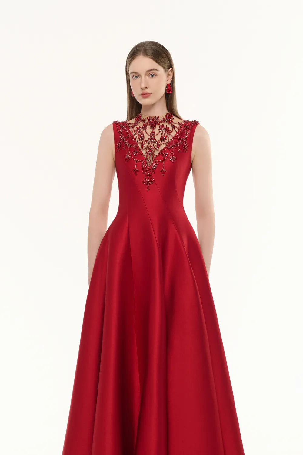 See-Through Neck Crystal-Embellished Draped Dress