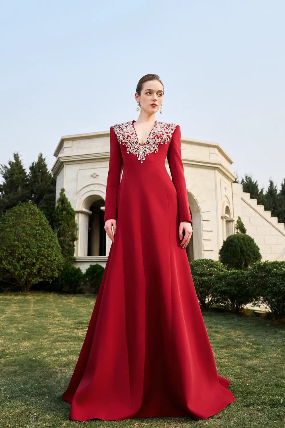 V-Crystal Embellished Flared A-Line Dress