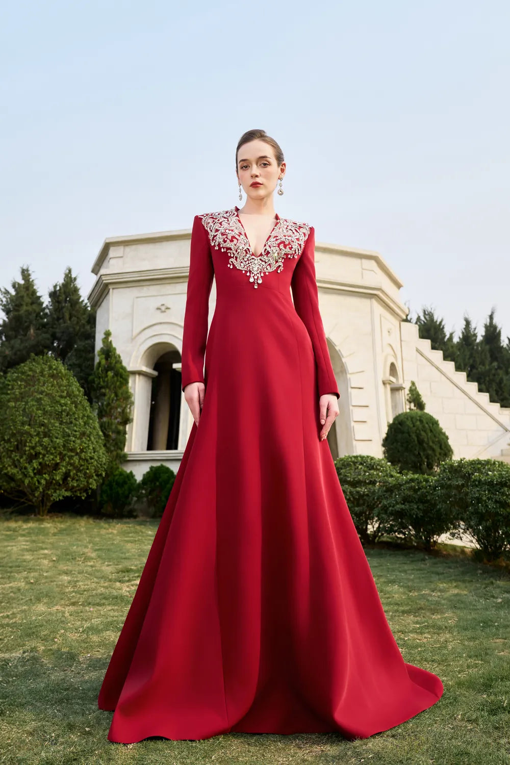 V-Crystal Embellished Flared A-Line Dress