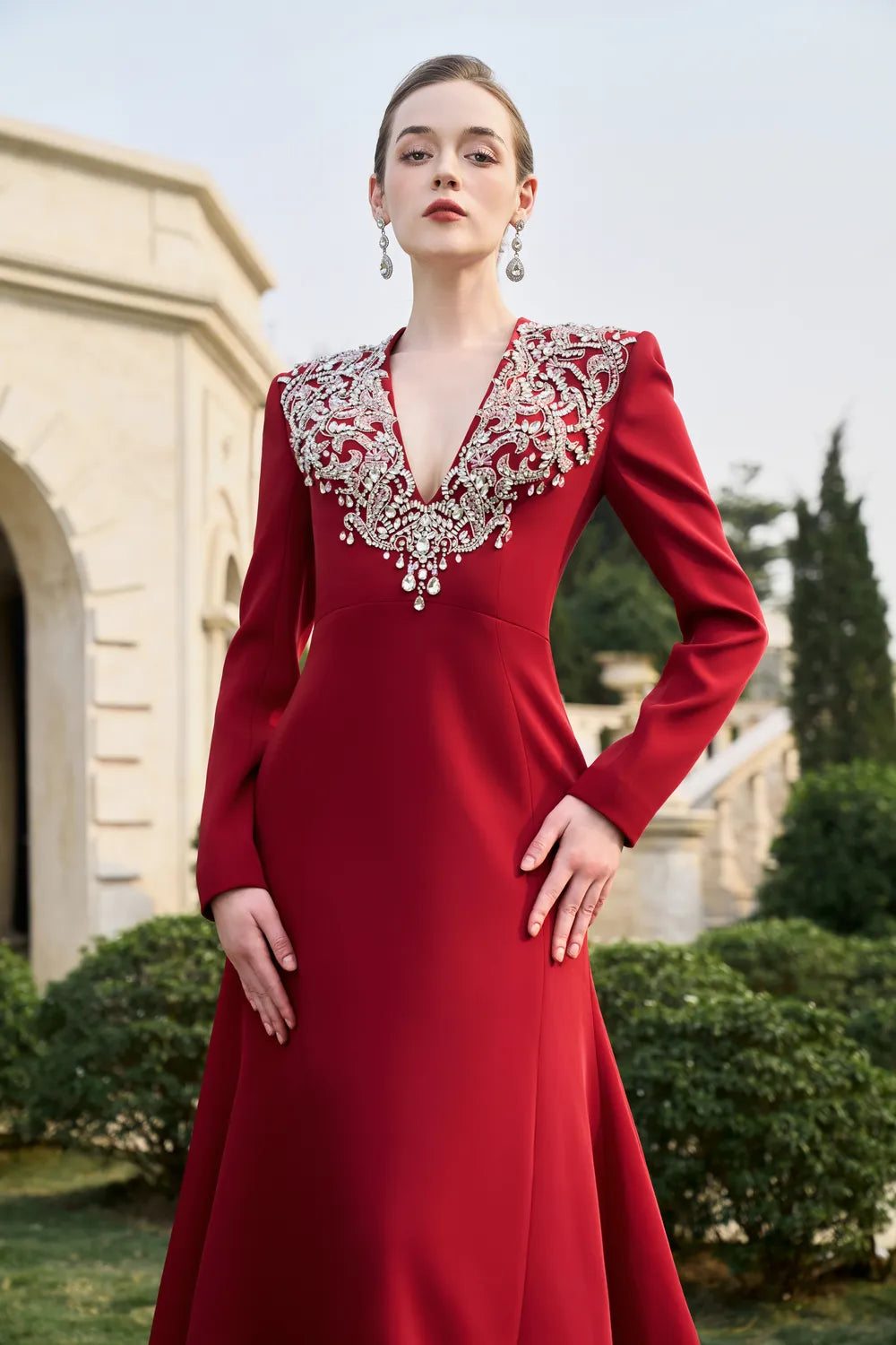 V-Crystal Embellished Flared A-Line Dress