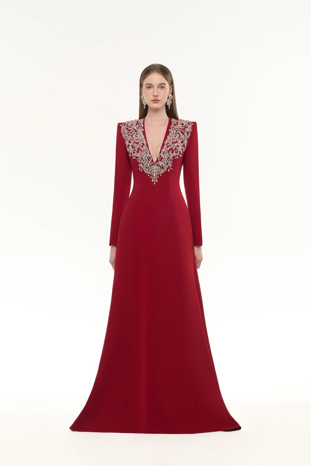 V-Crystal Embellished Flared A-Line Dress