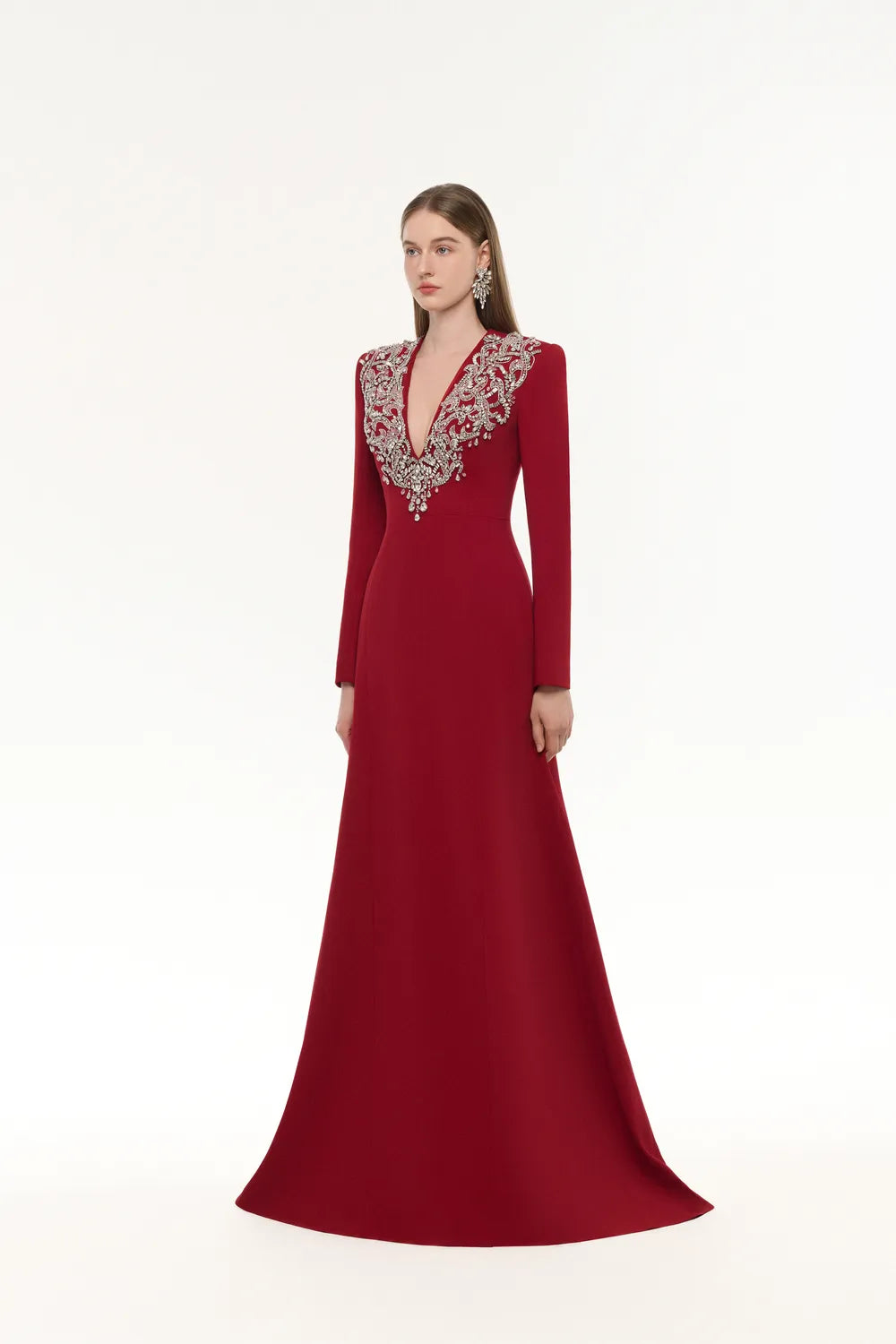 V-Crystal Embellished Flared A-Line Dress