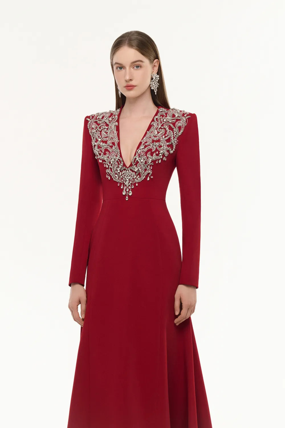 V-Crystal Embellished Flared A-Line Dress