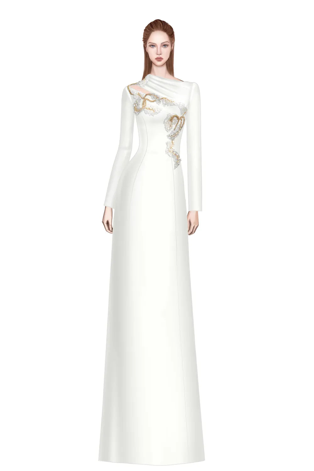 Diagonal Neck With Floral-Embellished Dress