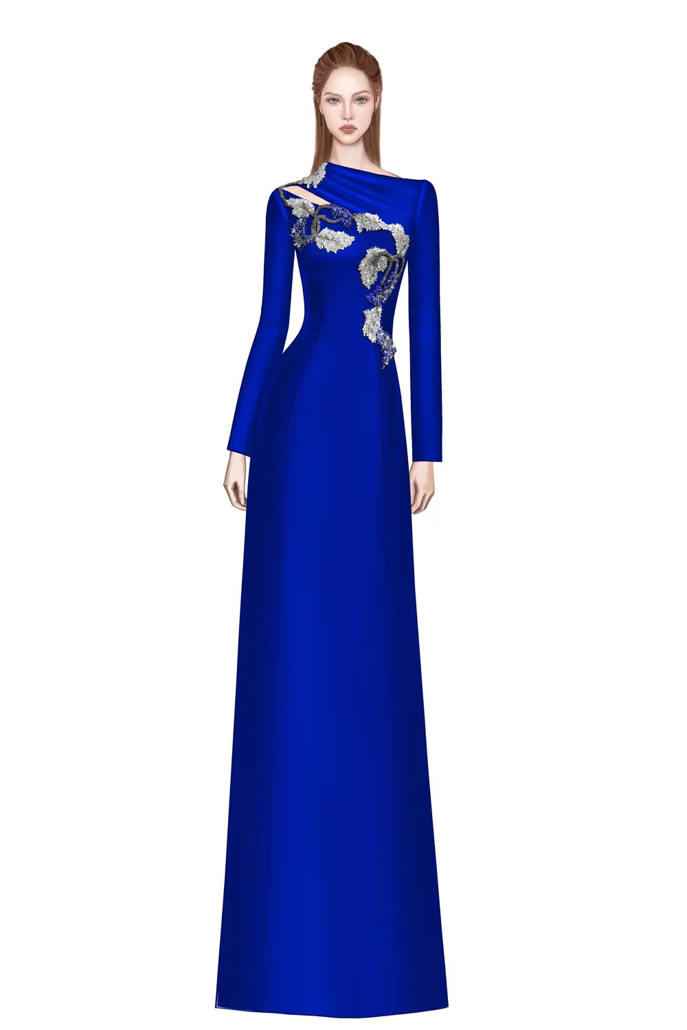 Diagonal Neck With Floral-Embellished Dress