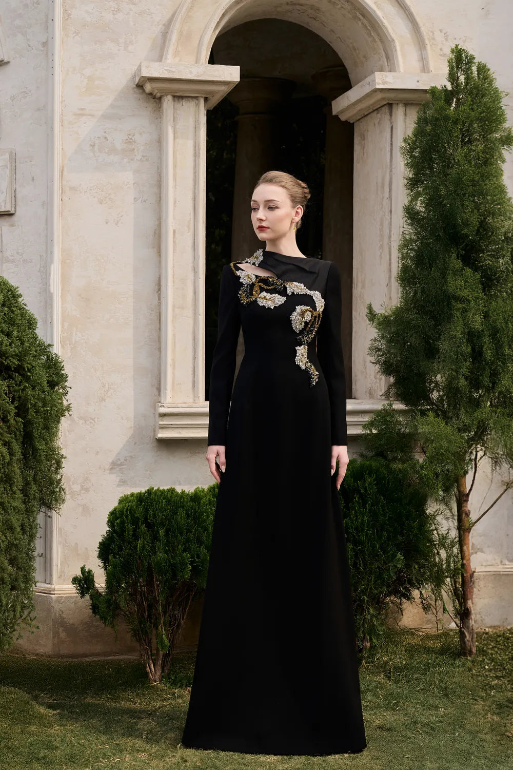 Diagonal Neck With Floral-Embellished Dress