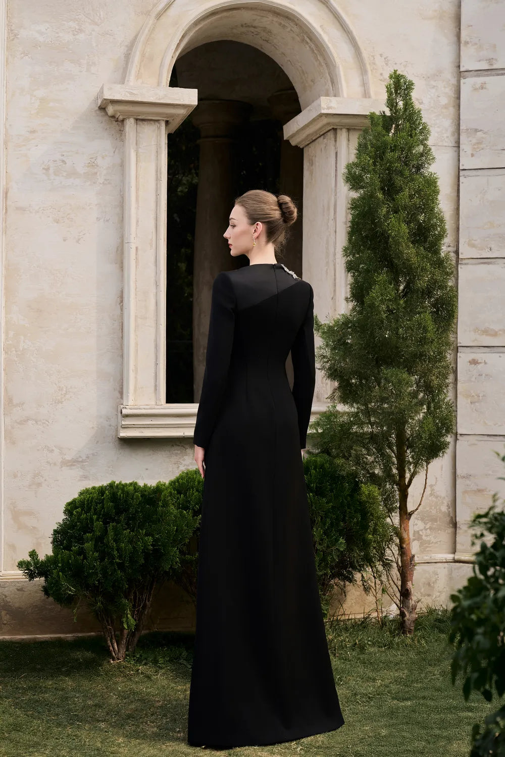 Diagonal Neck With Floral-Embellished Dress