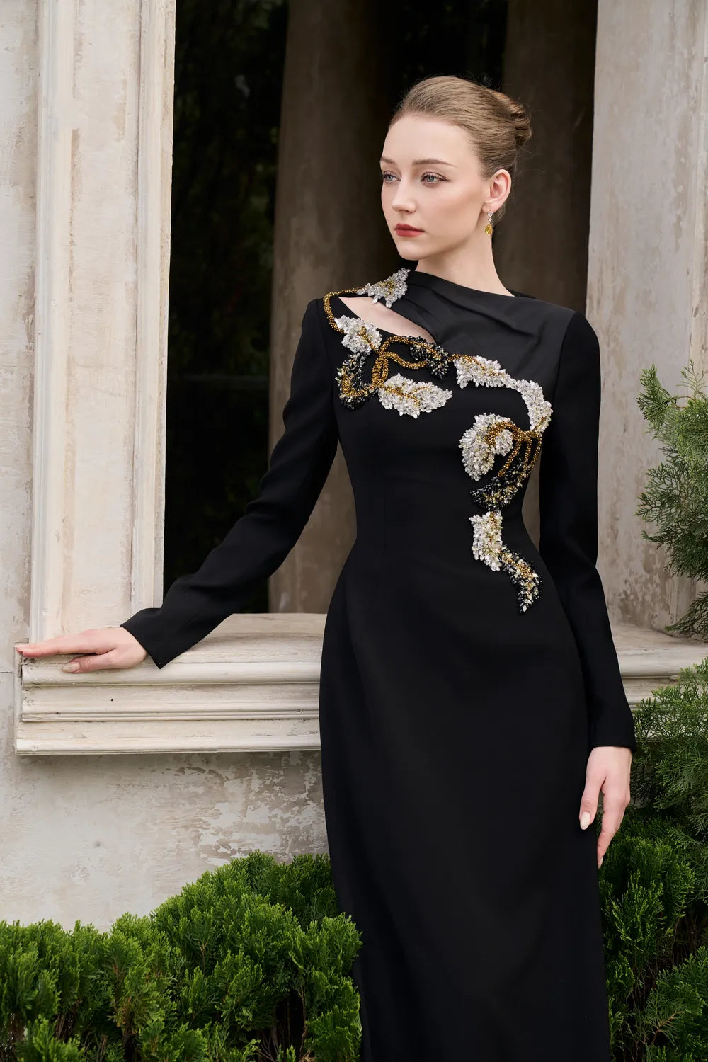 Diagonal Neck With Floral-Embellished Dress