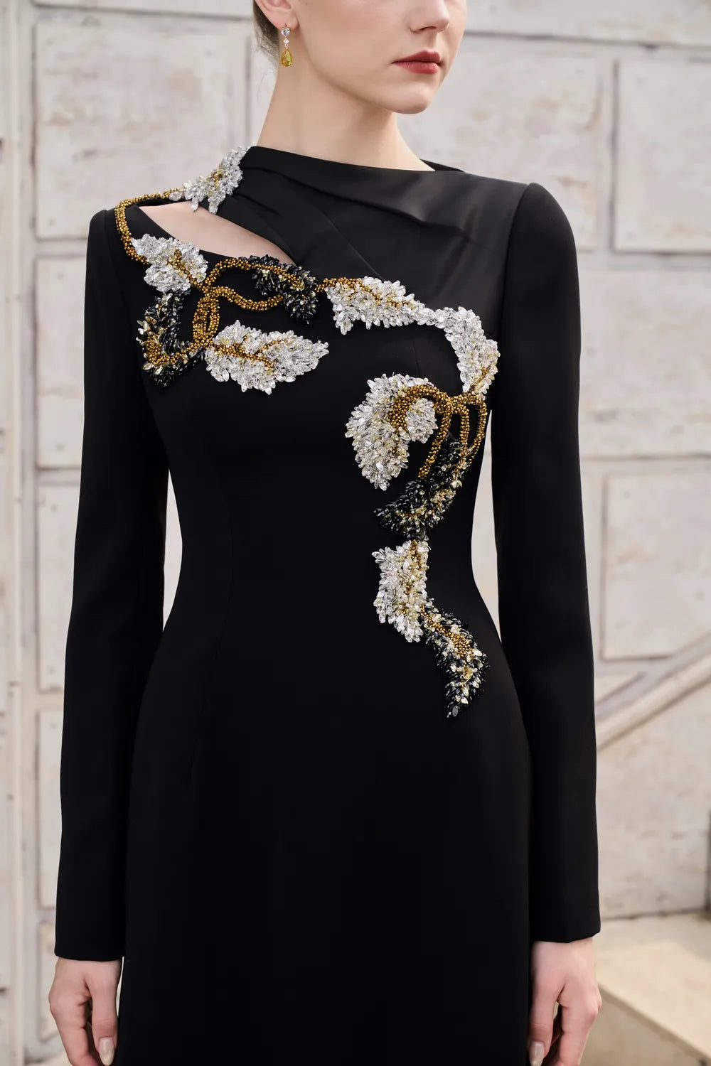 Diagonal Neck With Floral-Embellished Dress