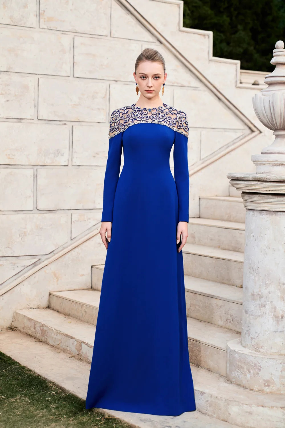 Round Neck Stylized 3D Crystal-Embellished A-line Dress