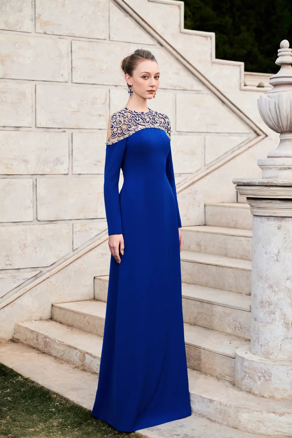 Round Neck Stylized 3D Crystal-Embellished A-line Dress