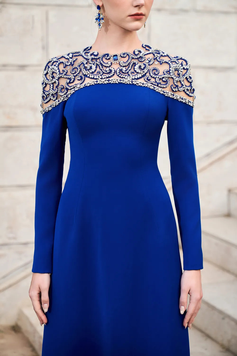 Round Neck Stylized 3D Crystal-Embellished A-line Dress
