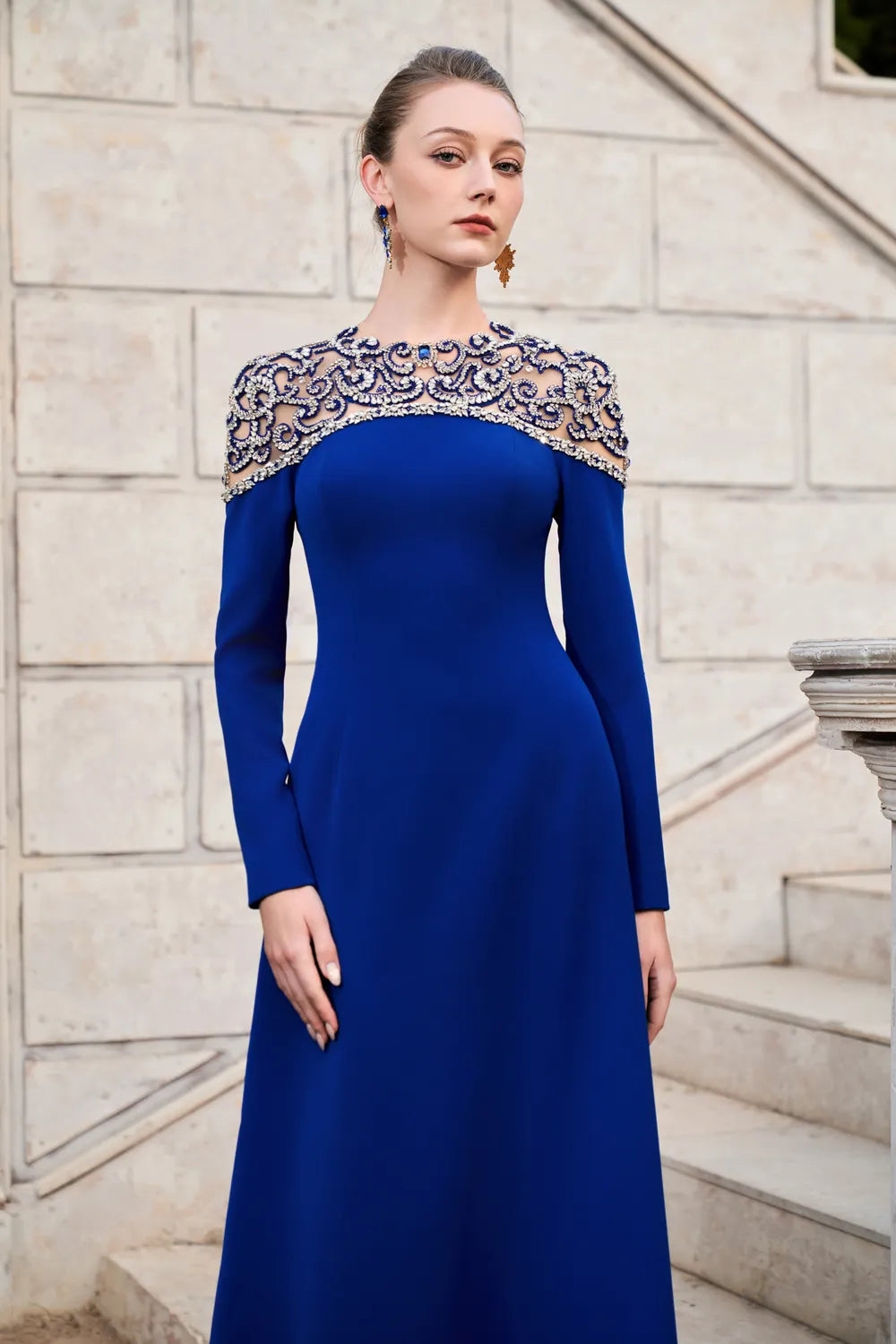 Round Neck Stylized 3D Crystal-Embellished A-line Dress