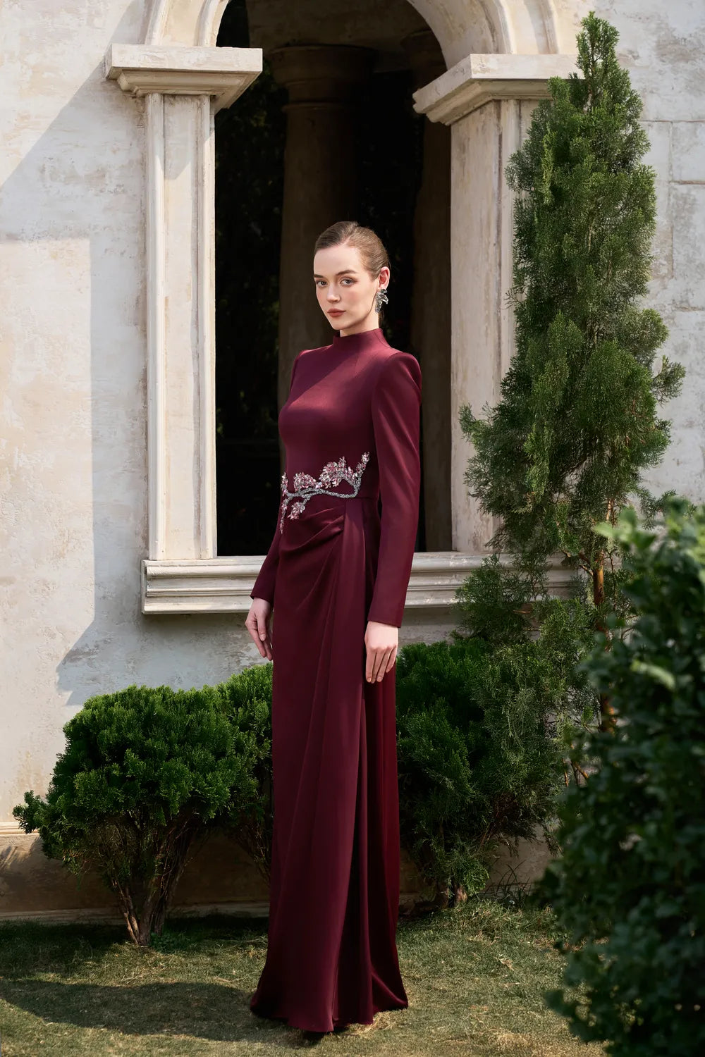 High Neck Side Drapped Straight Dress