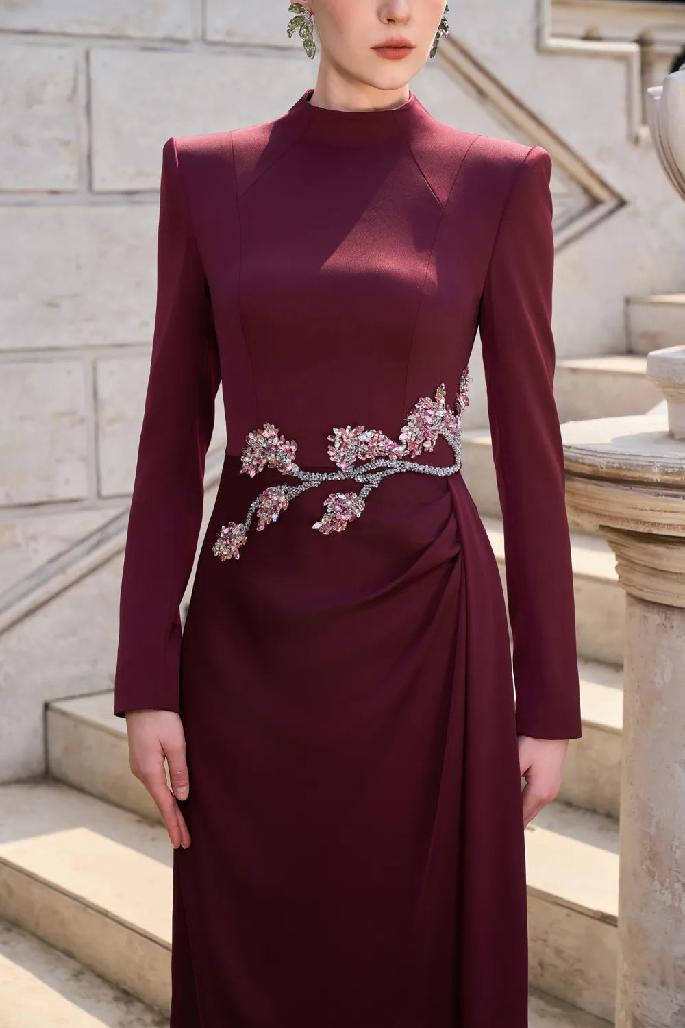 High Neck Side Drapped Straight Dress