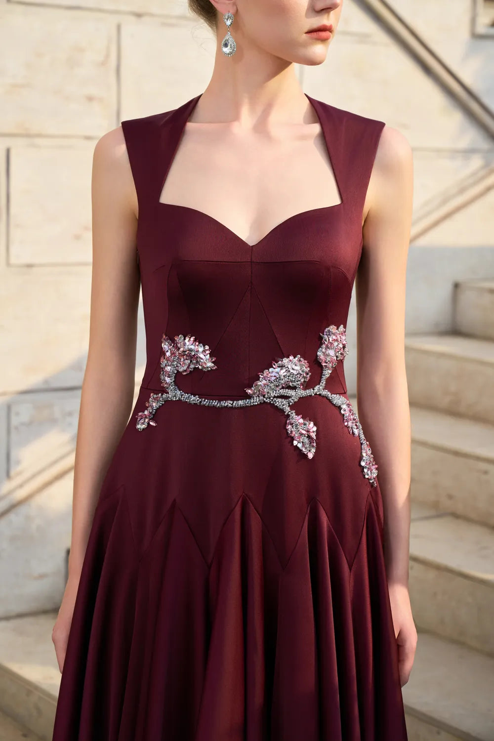 Strappy Anne Queen Neck Gathered A-line Dress