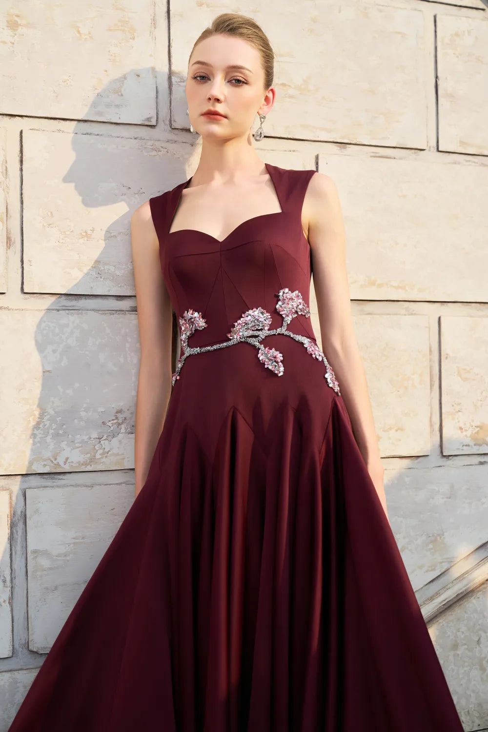 Strappy Anne Queen Neck Gathered A-line Dress XXL / Burgundy Strappy Anne Queen Neck Gathered A-line Dress XXL / Burgundy